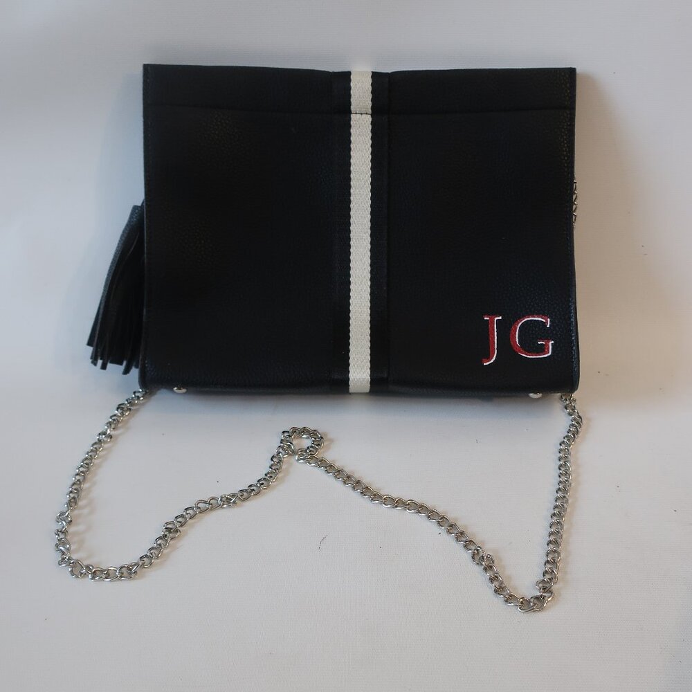 Womens Meira T Black White Vegan Leather Chain Strap Dorian Clutch Handbag